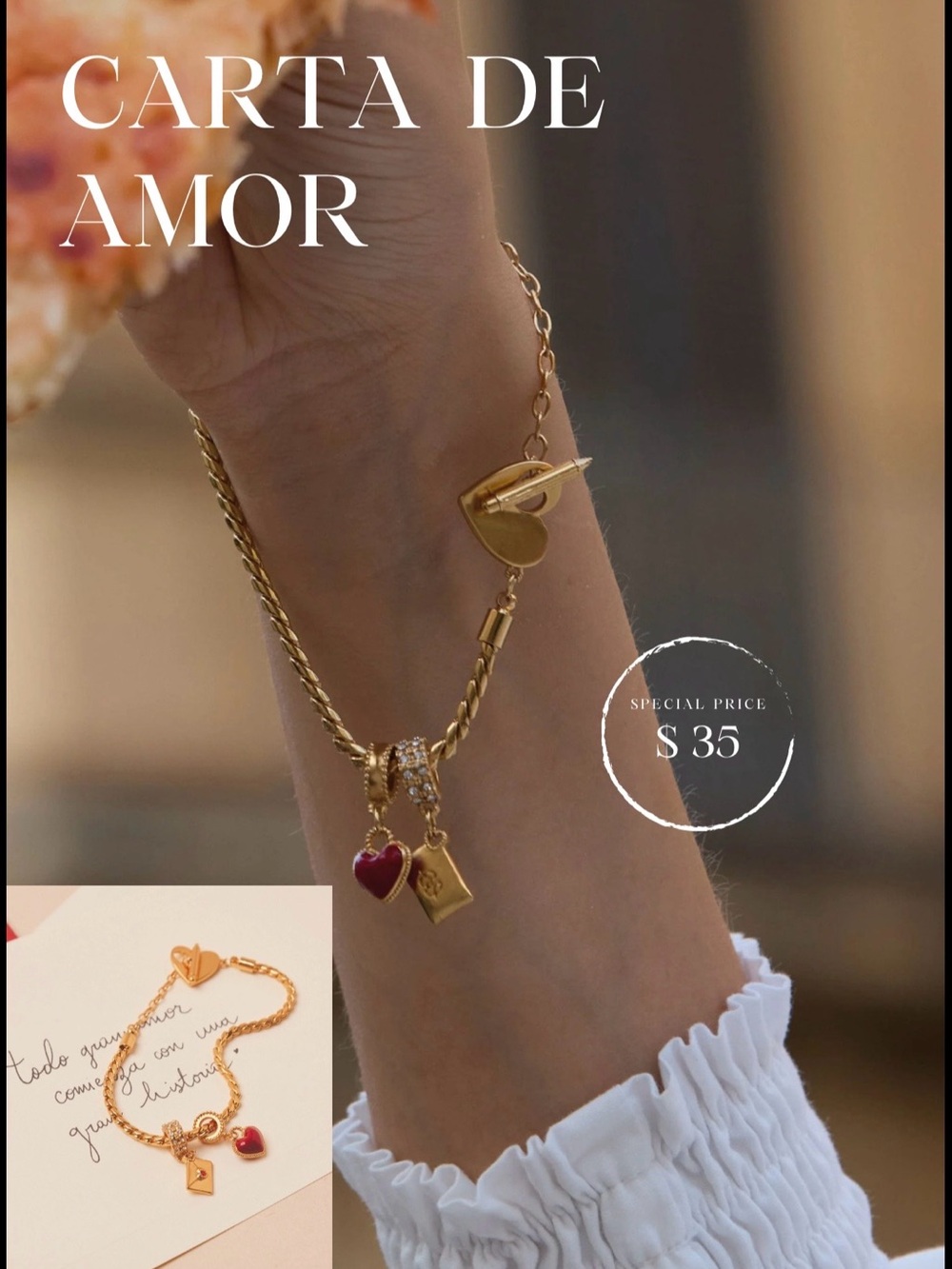 Gold Women's Charm Bracelet with Red Heart and Envelope Charm